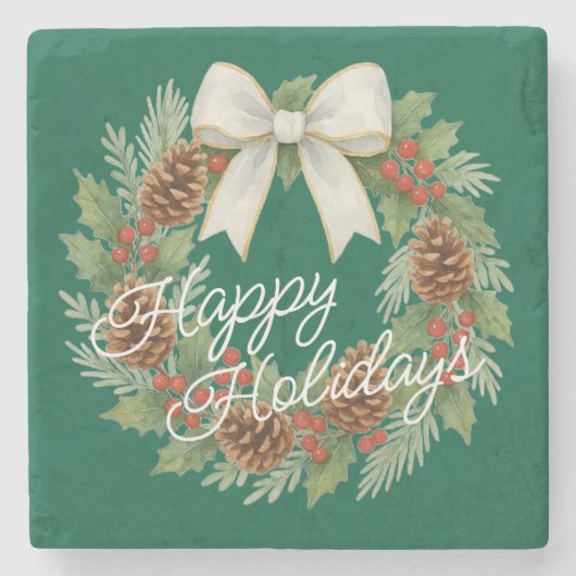 Classy Dezemberkranz mit weißem Bow-Urlaub Steinuntersetzer (Vorderseite)