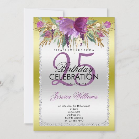 Classy Diamond Glitzer Wasserfarben Blume Geburtst Einladung (Vorderseite)