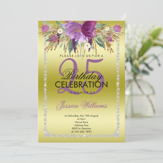 Classy Diamond Glitzer Wasserfarben Blume Geburtst Einladung (Stehend Vorderseite)