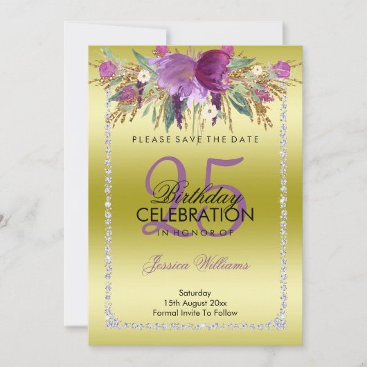 Classy Diamond Glitzer Wasserfarben Blume Geburtst Save The Date (Vorderseite)