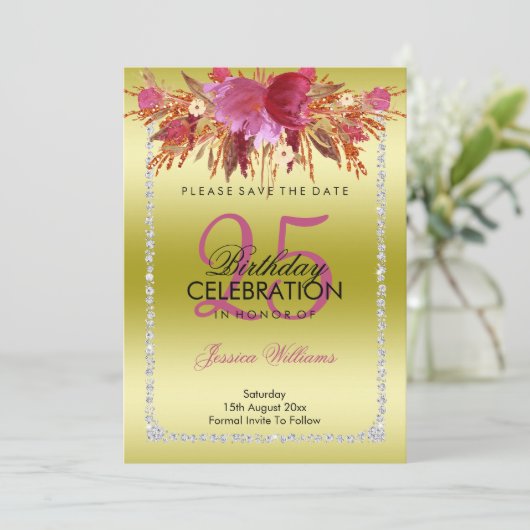 Classy Diamond Glitzer Wasserfarben Blume Geburtst Save The Date (Stehend Vorderseite)