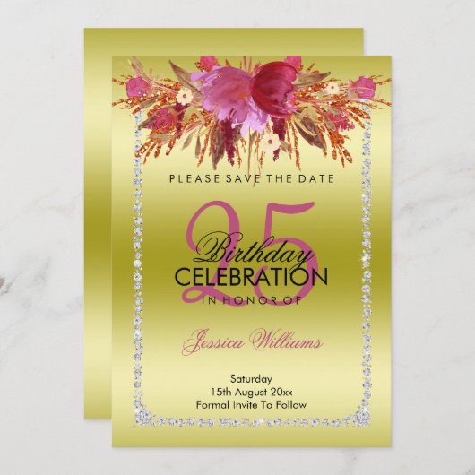 Classy Diamond Glitzer Wasserfarben Blume Geburtst Save The Date (Vorne/Hinten)