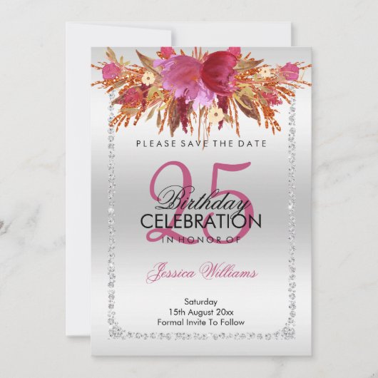 Classy Diamond Glitzer Wasserfarben Blume Geburtst Save The Date (Vorderseite)