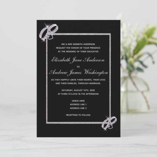 Classy Diamond Silver Wedding Rings Wedding Einladung (Stehend Vorderseite)