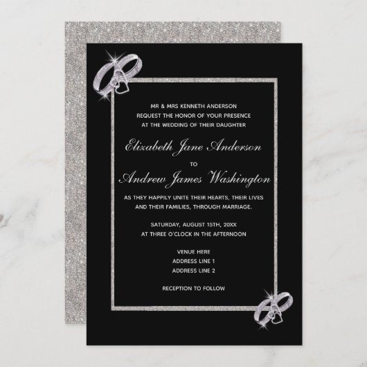 Classy Diamond Silver Wedding Rings Wedding Einladung (Vorne/Hinten)