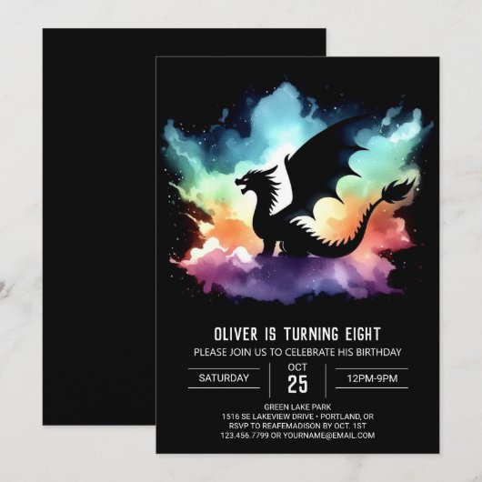 Classy Dragon Birthday Printable Einladung (Vorne/Hinten)