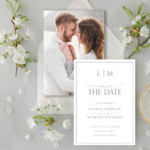 Classy Dusty Blue Elegant Monogram Foto Wedding Save The Date