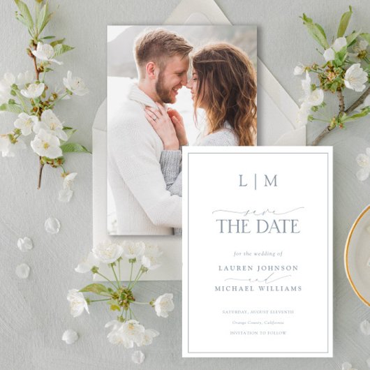 Classy Dusty Blue Elegant Monogram Foto Wedding Save The Date