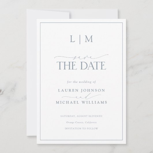 Classy Dusty Blue Elegant Monogram Foto Wedding Save The Date (Vorderseite)