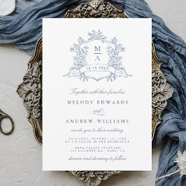 Classy Dusty Blue Floral Crest Wedding Einladung