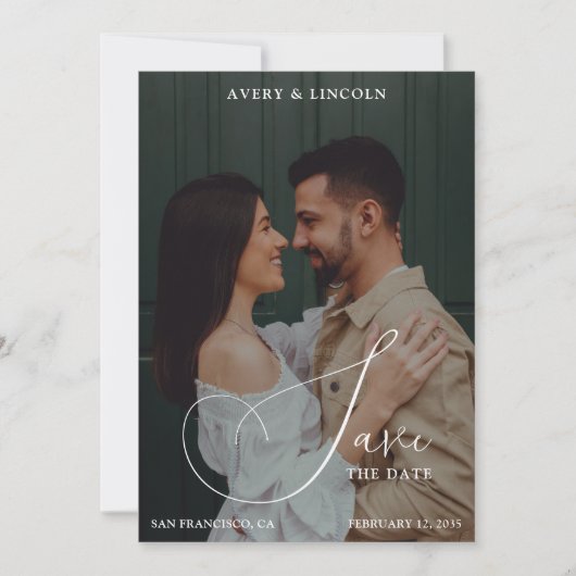 Classy Elegant Black & White Photo Script Wedding Save The Date (Vorderseite)