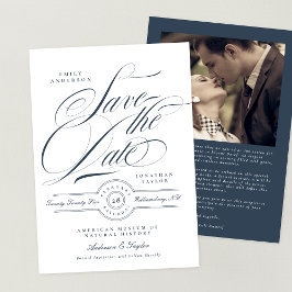 Classy Elegant Calligraphy Navy Blue Foto Save The Date