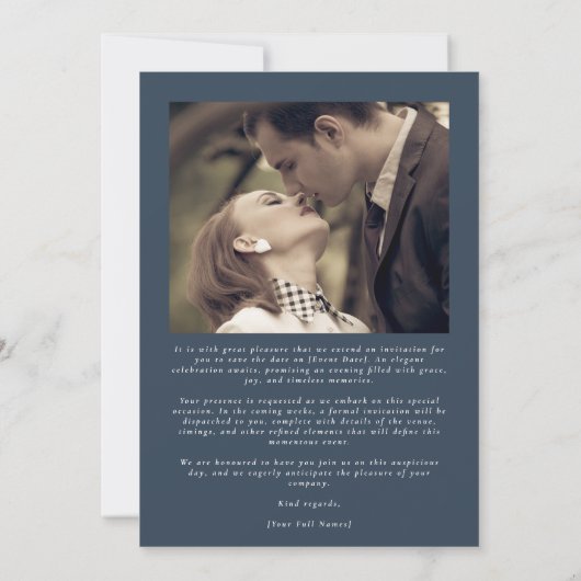 Classy Elegant Calligraphy Navy Blue Foto Save The Date (Rückseite)