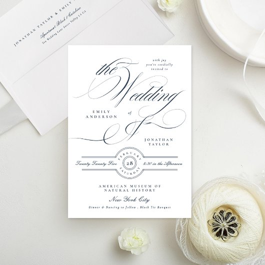 Classy Elegant Calligraphy Navy Blue Wedding Einladung