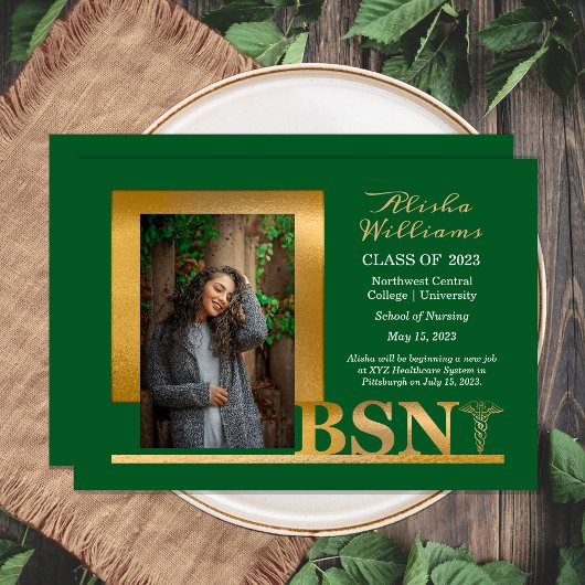 Classy Elegant Gold BSN Caduceus Foto Dk Green Ankündigung