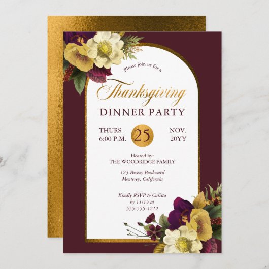 Classy Elegant Gold | Burgund-Floral-Erntedank Einladung (Vorne/Hinten)