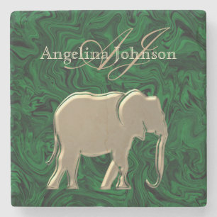 Classy Elegant Gold Elefant Green Marmor Monogramm Steinuntersetzer