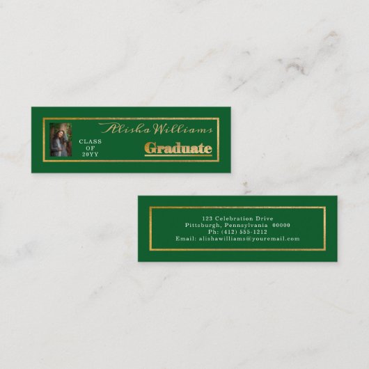 Classy Elegant Gold Text Graduate Foto Green Mini Visitenkarte (Vorne/Hinten)
