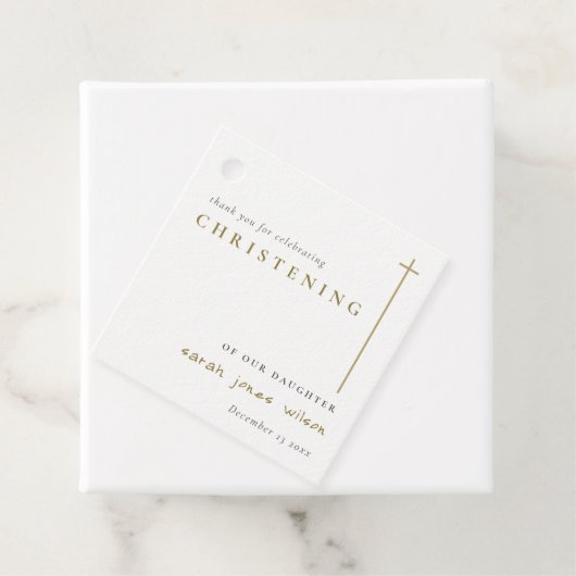 Classy Elegant Minimal Gold Typografie Christening Geschenkanhänger (Beispiel)