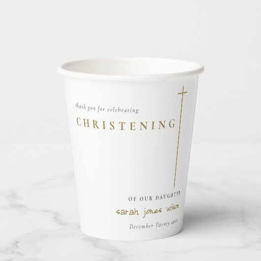 Classy Elegant Minimal Gold Typografie Christening Pappbecher (Rückseite)