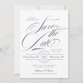 Classy Elegant Navy Blue Calligraphy Foto Back Save The Date (Vorderseite)