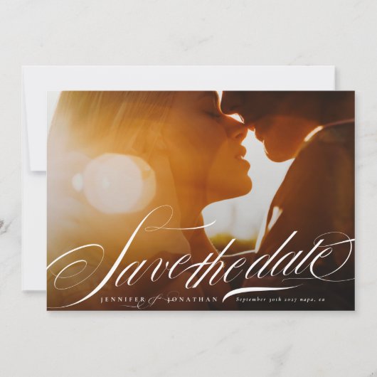 Classy Elegant Navy Blue Calligraphy QR Code Foto Save The Date (Vorderseite)