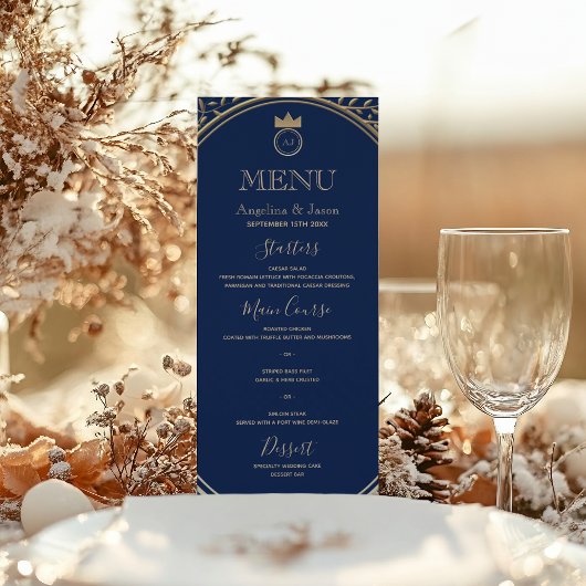 Classy Elegant Royal Blue and Gold Floral Wedding Menükarte