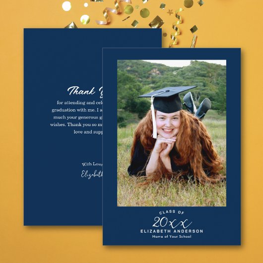 Classy Elegant Script Navy Blue Abschluss Foto Dankeskarte