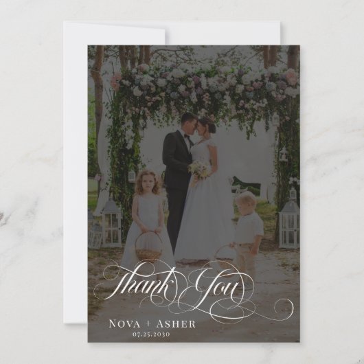 Classy Elegant Script Newlywed Dark Foto Overlay Dankeskarte (Vorderseite)