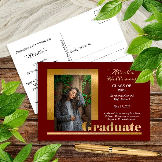 Classy Elegante Gold Text Graduate 1 Foto Maroon Postkarte