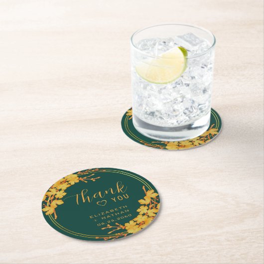 Classy Emerald Green Gold Floral Wedding Vielen Da Runder Pappuntersetzer (Vor Ort)