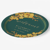 Classy Emerald Green Gold Floral Willkommen Pappteller (Schrägansicht)