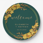 Classy Emerald Green Gold Floral Willkommen Pappteller (Vorderseite)