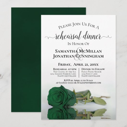 Classy Emerald Green Rose Hochzeit Probe Dinner Einladung (Vorne/Hinten)
