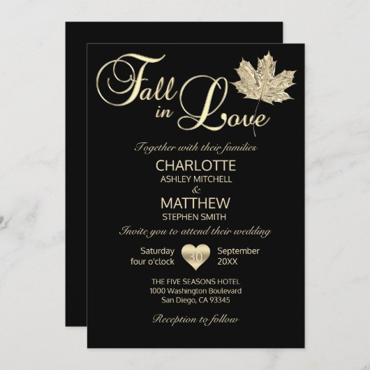 Classy FALL IN LIEBE Black Gold Maple Leaf Hochzei Einladung (Vorne/Hinten)