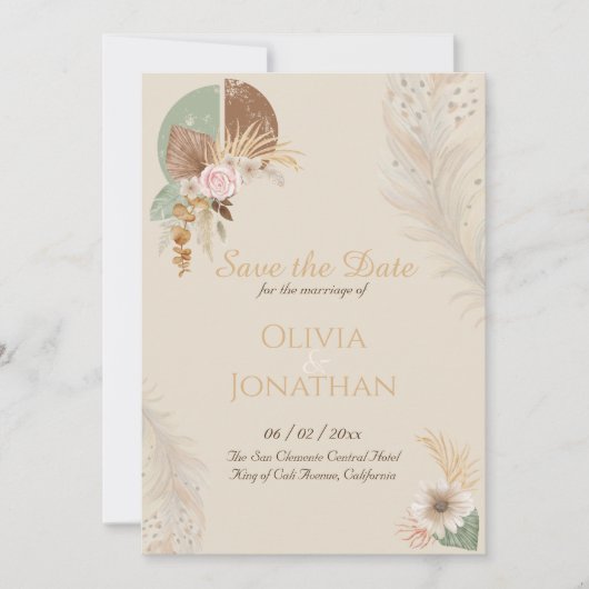 Classy Feather Boho Beige Wedding Save the Date Einladung (Vorderseite)