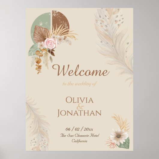 Classy Feather Boho Beige Wedding Welcome Sign Poster (Vorne)