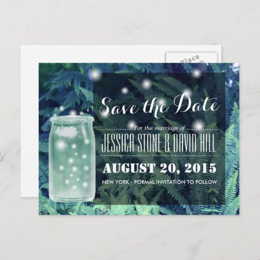 Classy Fireflies glühen Mason Jar Save the Date Ankündigungspostkarte (Vorne/Hinten)