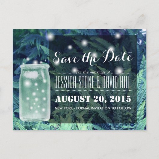 Classy Fireflies glühen Mason Jar Save the Date Ankündigungspostkarte (Vorderseite)