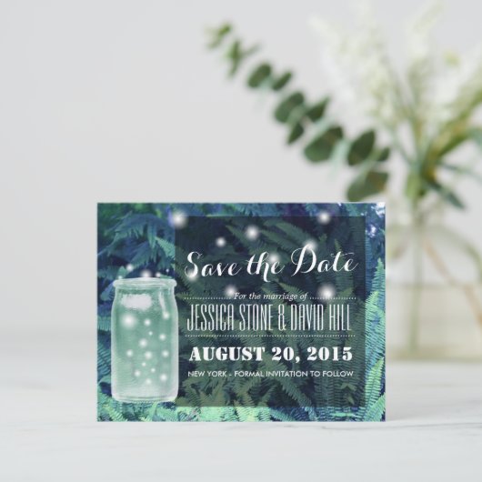Classy Fireflies glühen Mason Jar Save the Date Ankündigungspostkarte (Stehend Vorderseite)