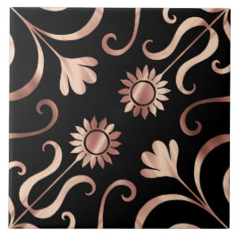 Classy Floral Damask Schwarz und Rose Gold Sonnenb Fliese