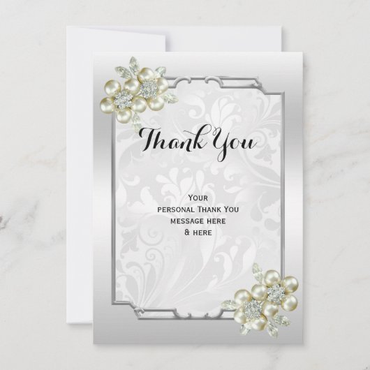 Classy Floral Gem, Silberne Gerahmte Hochzeit Dankeskarte (Vorderseite)