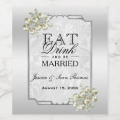 Classy Floral Gem, Silberne Gerahmte Hochzeit Weinetikett (Einzelnes Label)