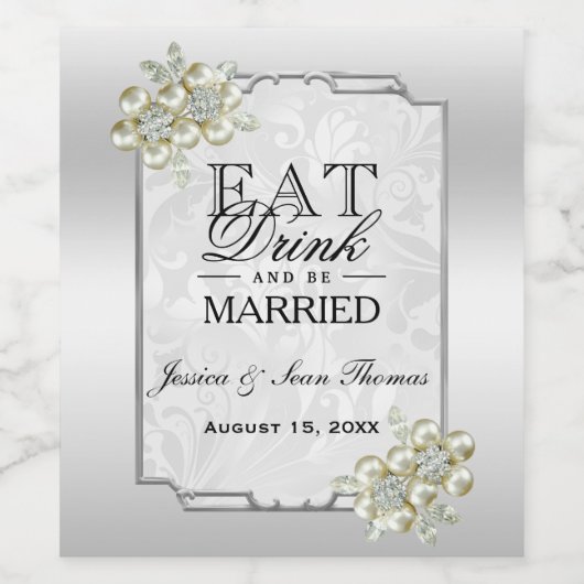 Classy Floral Gem, Silberne Gerahmte Hochzeit Weinetikett (Einzelnes Label)