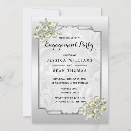 Classy Floral Gem, Silver Gerahmt Silver Verlobung Einladung (Vorderseite)