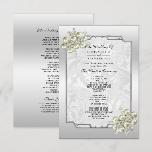 Classy Floral Gem, Silver Gerahmt Wedding Program (Vorne/Hinten)