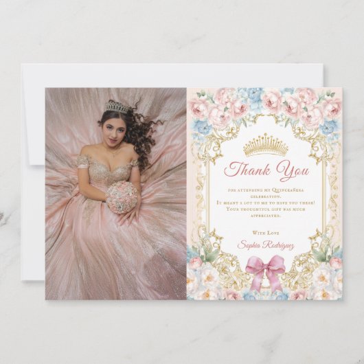 Classy Floral Pink Quinceanera Foto DankeYou Card Einladung (Vorderseite)