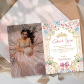 Classy Floral Pink Quinceanera Foto DankeYou Card Einladung