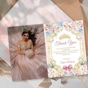 Classy Floral Pink Quinceanera Foto DankeYou Card Einladung