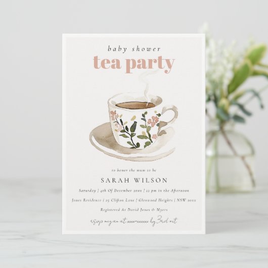 Classy Floral Tea Cup Kinderdusche Tee Party Einladung (Stehend Vorderseite)